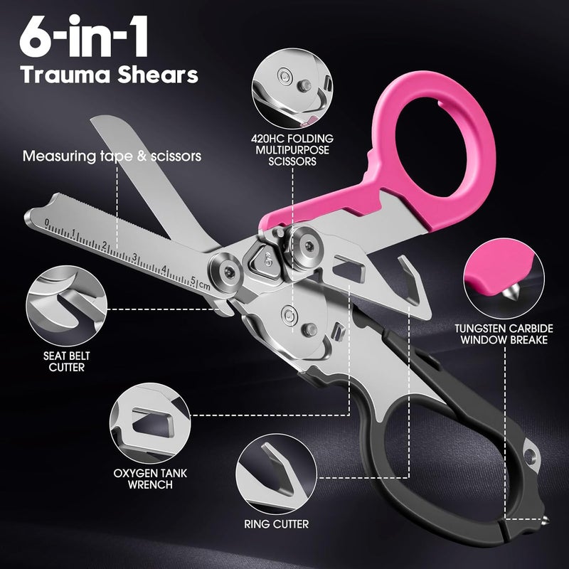 Lemasa 6 in 1 Multifunctional Combination Tool, Folding Retractable Emergency Shears, Outdoor Camping Tools, Seat Belt Cutter, Oxygen Cylinder Wrench, Complimentary Adjustable Wrench (Black Pink) - Image 3
